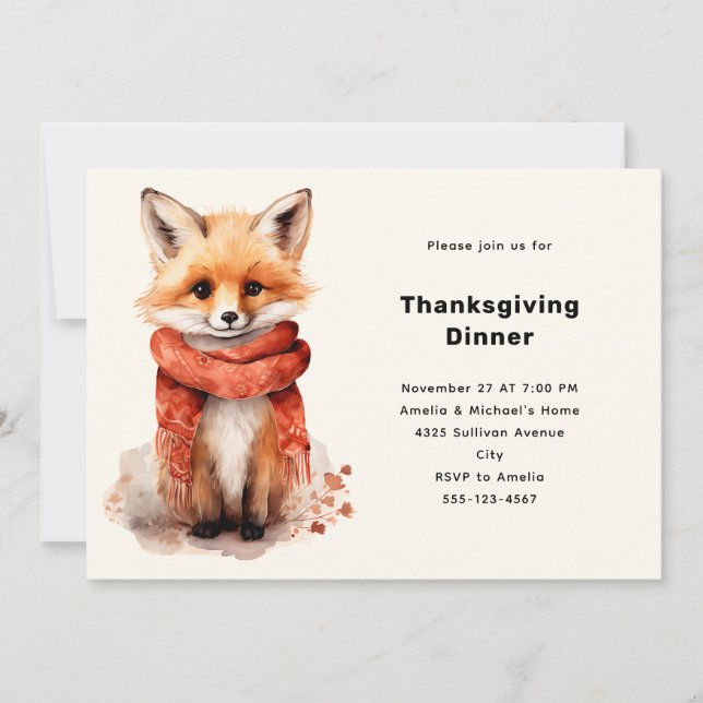 Cute Fox Pup in a Red Scarf Thanksgiving Dinner Inbjudningar (Framsida)