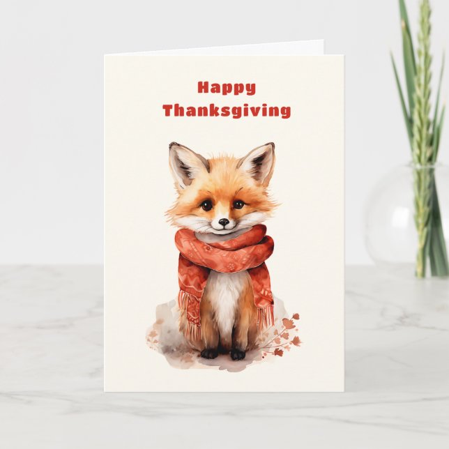 Cute Fox Pup in a Red Scarf Thanksgiving Helgkort (Framsida)