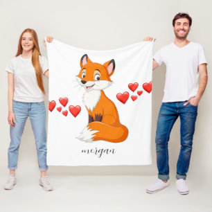 Cute Fox, Red Hearts, Child's Namn eller Ditt medd Fleecefilt