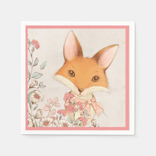 Cute Fox Rosa Blommigt Girly Pappersservett (Framsidan)