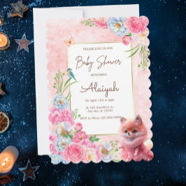 Cute Fox Rosa Blommigt Vattenfärgning Babykläder Inbjudningar