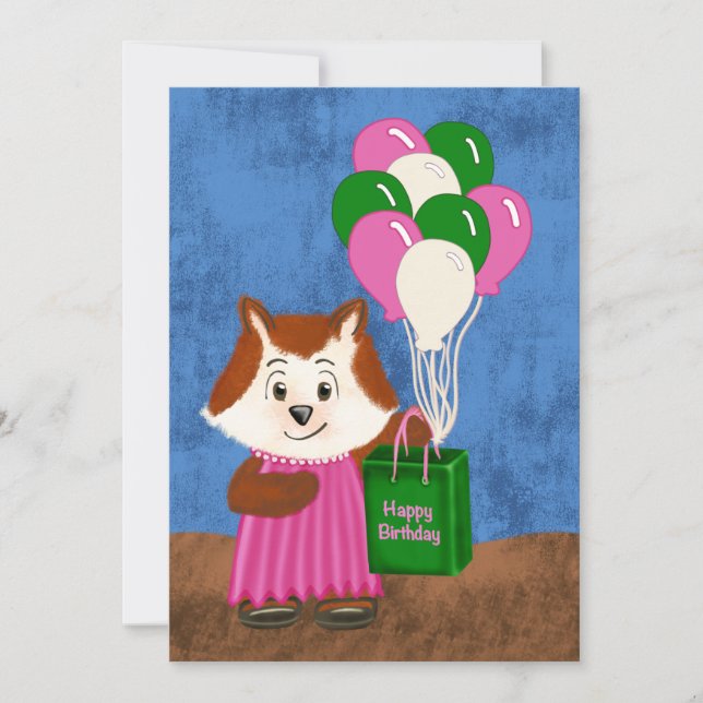 Cute Fox Rosa Dress Balloons Grattis på födelsedag (Framsida)