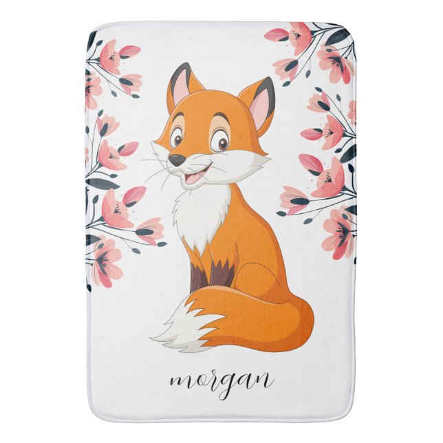Cute Fox Rosa Flowers Child Namn eller Ditt meddel Badrumsmatta (Framsidan (Vertikal))