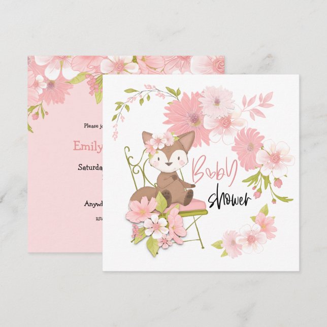 Cute Fox Rosa White Flowers Girl Baby Shower Inbjudningar (Fram/baksida)