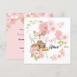 Cute Fox Rosa White Flowers Girl Baby Shower Inbjudningar