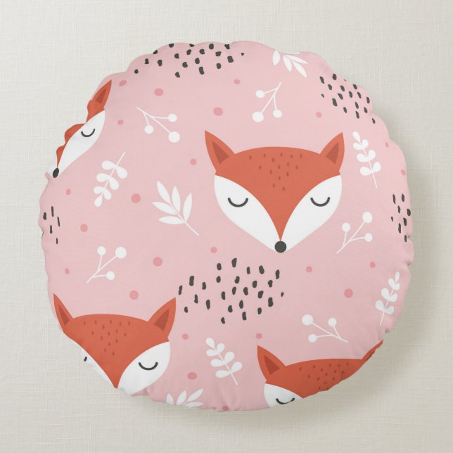 Cute fox seamless pattern, wolf hand drawn forest  rund kudde (Framsidan)