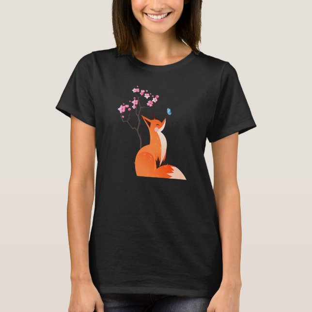 Cute Fox Shirt Japansk Cherry Flower och Butterfl T (Framsida)