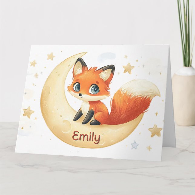 Cute Fox Sitta på Måne med stjärnor Kort (Framsida)