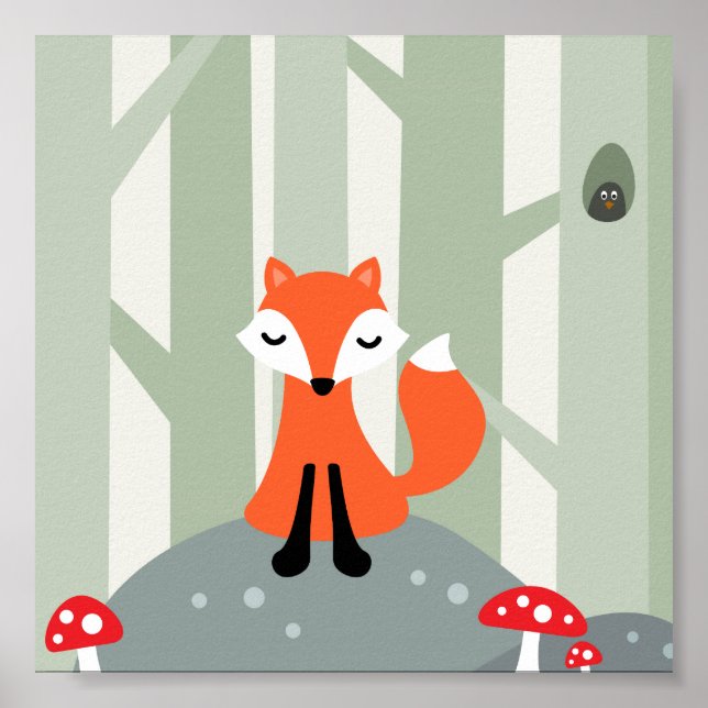 Cute fox sitta på sten i skogen poster (Framsidan)