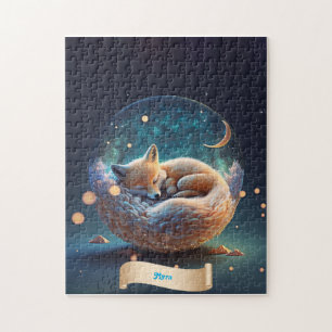 Cute Fox Sleeping in Globe of Galaxy Stars Måne Pussel