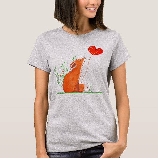 Cute Fox som håller en hjärtballong T Shirt (Framsida)