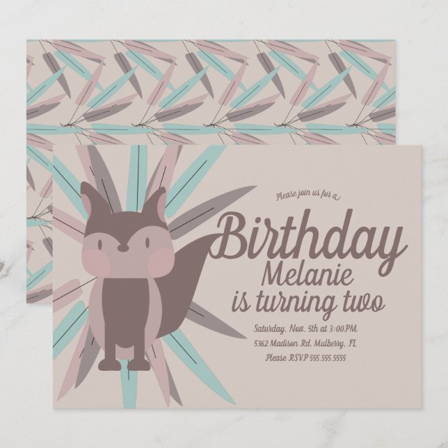 Cute Fox-stammen Födelsedagsfest inbjudan (Fram/baksida)