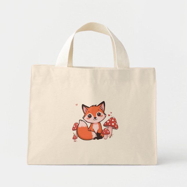 Cute Fox Tiny Tote Bag – Woodland Animal Canvas  Mini Tygkasse (Framsidan)