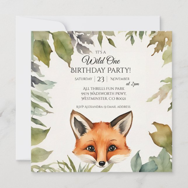 Cute Fox-Vild 1:a födelsedag Party Inbjudningar (Framsida)