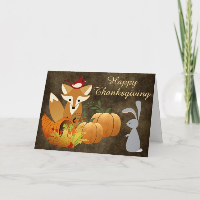 Cute Fox Woodland Animals Golden Thanksgiving Helgkort (Framsida)