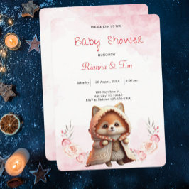 Cute Fox Woodland Animals Rosa Blommigt Baby Showe Inbjudningar