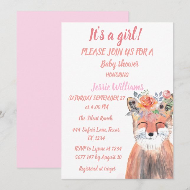 Cute Fox Woodland Animals Rosa Rustic Flicka I Inbjudningar (Fram/baksida)