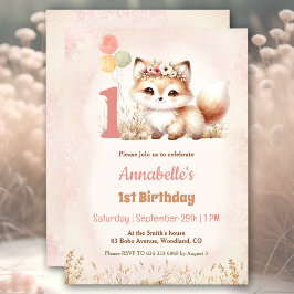 Cute Fox Woodland Boho Pastel Girl 1st Birthday Inbjudningar