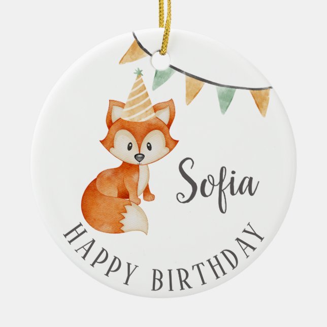 Cute Fox Woodland Party Hat Grattis på födelsedage Julgransprydnad Keramik (Framsidan)