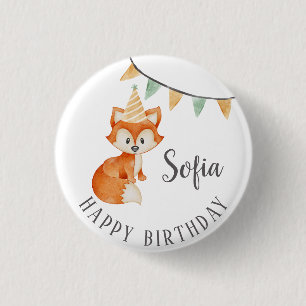Cute Fox Woodland Party Hat Grattis på födelsedage Knapp