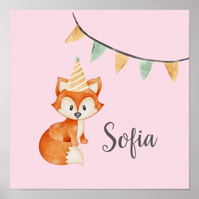 Cute Fox Woodland Party Hat Grattis på födelsedage Poster (Framsidan)