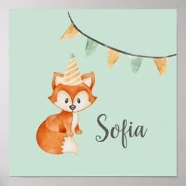 Cute Fox Woodland Party Hat Grattis på födelsedage Poster