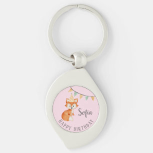 Cute Fox Woodland Party Hat Grattis på födelsedage Swirl Silverfärgad Nyckelring