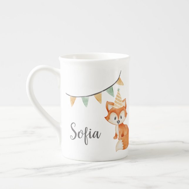 Cute Fox Woodland Party Hat rosa Benporslin Mugg (Vänster)