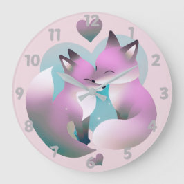 Cute Foxar som kissar Rosa och Grått Round Stor Klocka