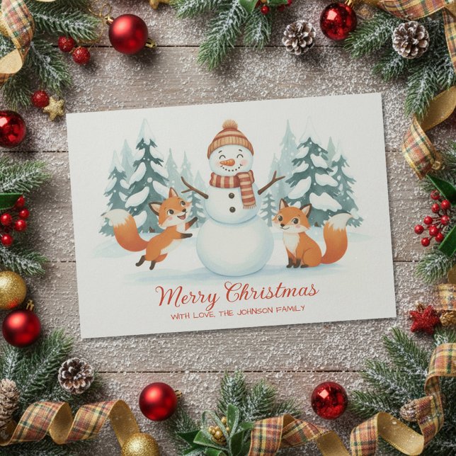 Cute Foxes and Snowman Merry Christmas Julkort (Skapare uppladdad)