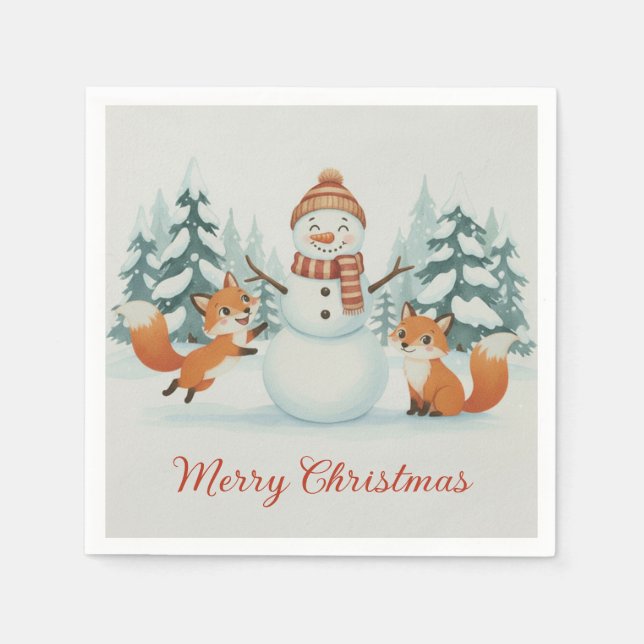 Cute Foxes and Snowman Merry Christmas Pappersservett (Framsidan)