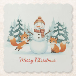 Cute Foxes and Snowman Merry Christmas Underlägg Papper