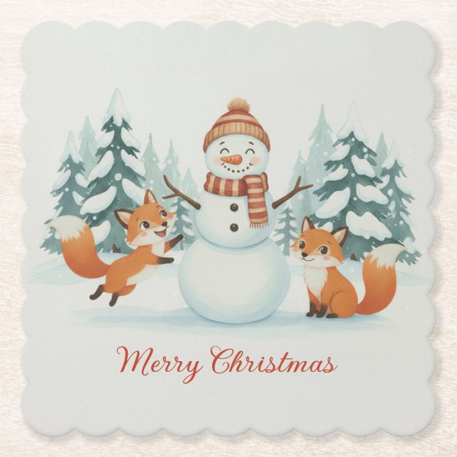 Cute Foxes and Snowman Merry Christmas Underlägg Papper (Framsida)