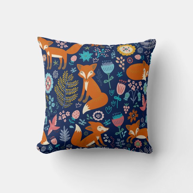 Cute Foxes & Colorful Flowers Mönster Kudde (Framsida)
