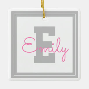 Cute Framed Namn & Monogram Ljust Grått och Rosa Julgransprydnad Keramik