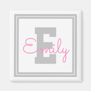 Cute Framed Namn & Monogram   Ljust Grått och Rosa Magnet