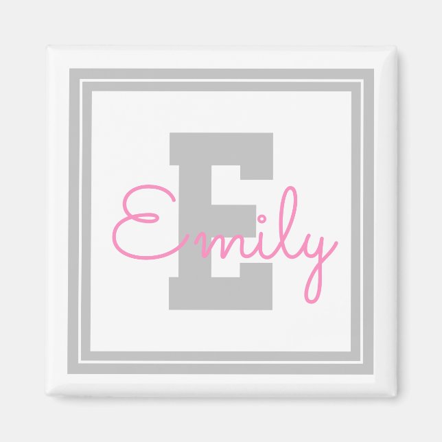 Cute Framed Namn & Monogram | Ljust Grått och Rosa Magnet (Framsidan)