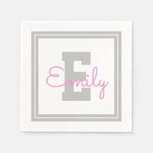 Cute Framed Namn & Monogram Ljust Grått och Rosa Pappersservett