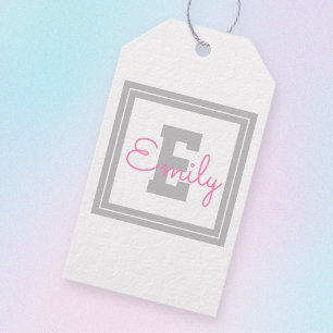 Cute Framed Namn & Monogram Ljust Grått och Rosa Presentetikett