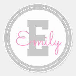 Cute Framed Namn & Monogram | Ljust Grått och Rosa Runt Klistermärke