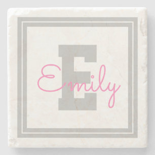 Cute Framed Namn & Monogram   Ljust Grått och Rosa Stenunderlägg