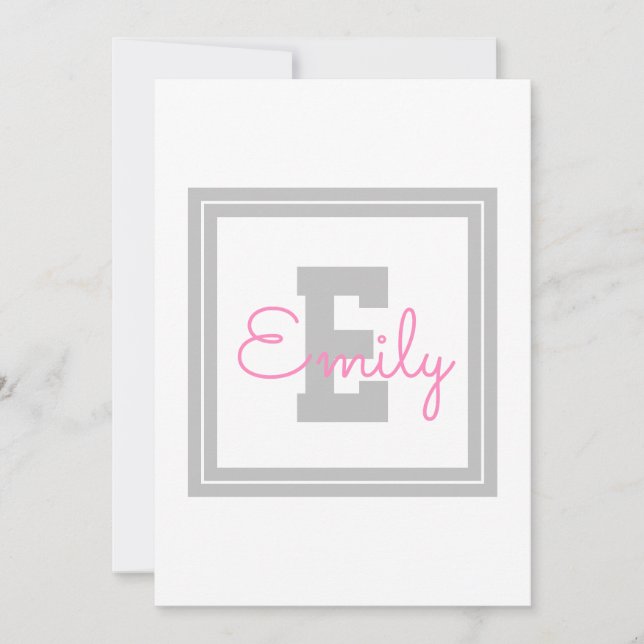 Cute Framed Namn & Monogram | Ljust Grått och Rosa Tack Kort (Framsida)