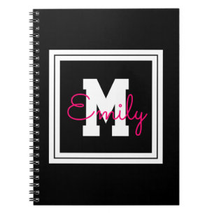 Cute Framed Namn & Monogram   Svartvit och Rosa Anteckningsbok
