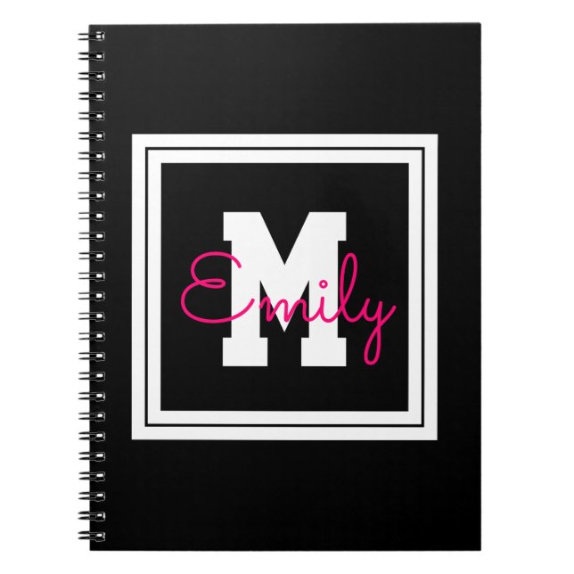 Cute Framed Namn & Monogram | Svartvit och Rosa Anteckningsbok (Framsidan)