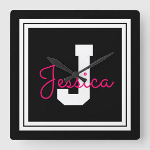 Cute Framed Namn & Monogram Svartvit och Rosa Fyrkantig Klocka