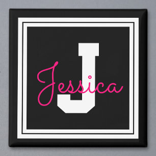 Cute Framed Namn & Monogram Svartvit och Rosa Magnet