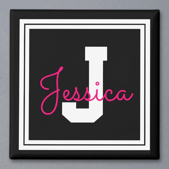 Cute Framed Namn & Monogram | Svartvit och Rosa Magnet (Skapare uppladdad)