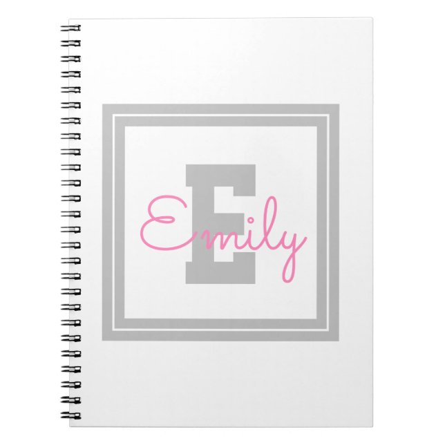 Cute Framed Namn och Monogram| Lätt Grått och Rosa Anteckningsbok (Framsidan)