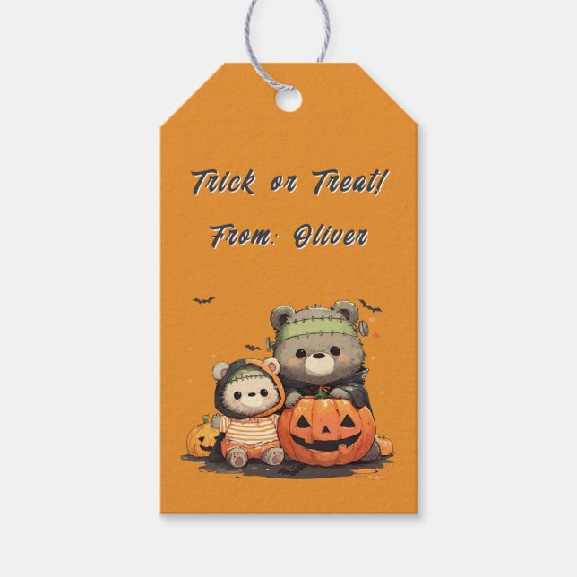 Cute Frankenstein Bear Halloween Spooky Season Presentetikett (Framsidan)