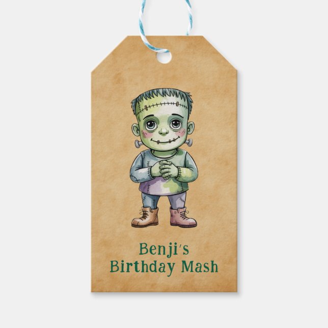 Cute Frankenstein Halloween Birthday Boy Party Presentetikett (Framsidan)